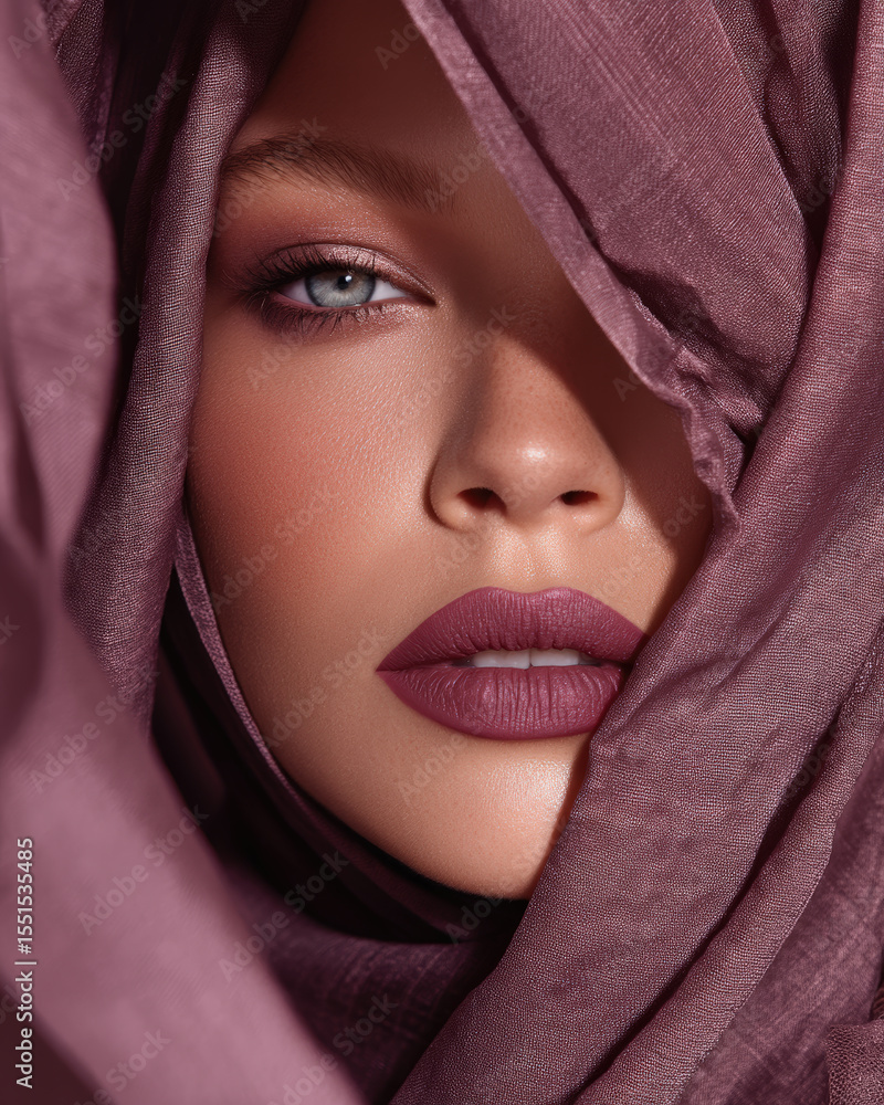 Close up portrait of woman with striking features, wearing mauve colored scarf that frames her face beautifully. Her makeup is elegant, showcasing bold mauve lipstick that complements her skin Close up portrait of woman with striking features, wearing mauve colored scarf that frames her face beautifully. Her makeup is elegant, showcasing bold mauve lipstick that complements her skin