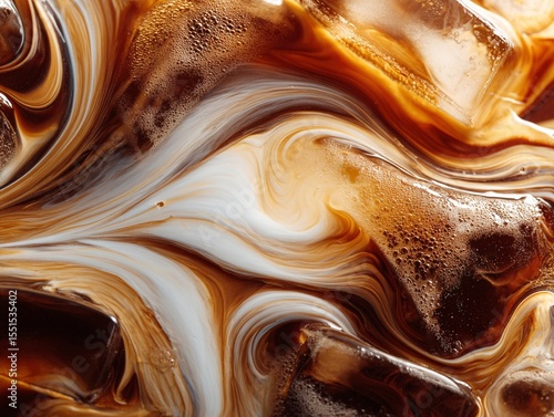 A close-up shot of the caramel and coffee and milk texture of iced cold brew. Generative AI
