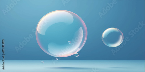 Blue glass spheres reflect light, showing transparent water drops and air bubbles