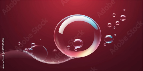 Abstract red background with transparent water bubbles and light reflections