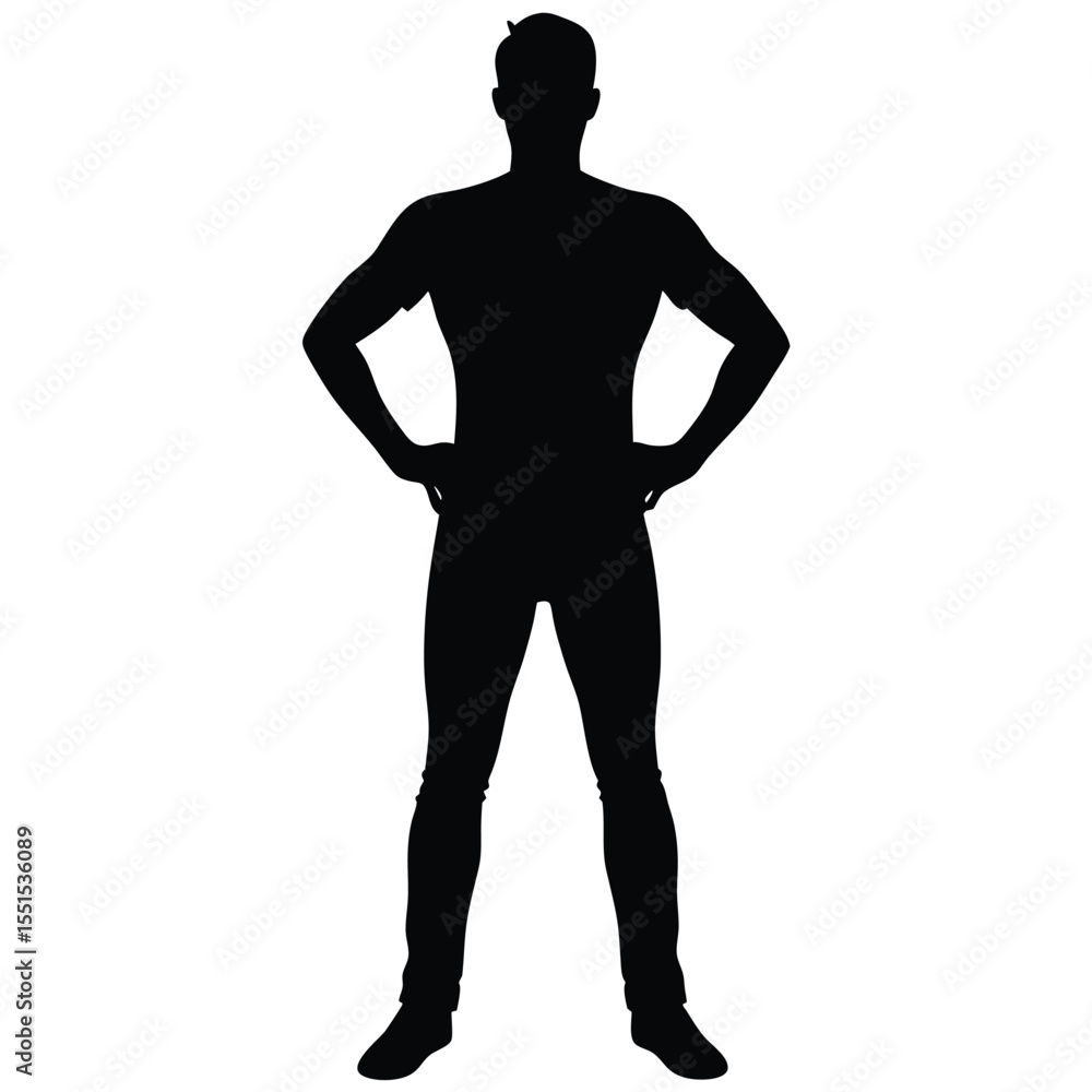 Black Silhouette of Man Standing with Hands on Hips Against White Backdrop Black Silhouette of Man Standing with Hands on Hips Against White Backdrop