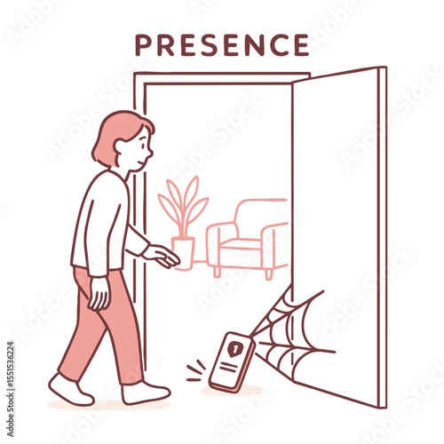 Person entering room with phone caught in spider web, symbolizing presence and distraction