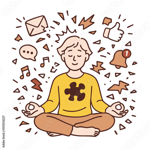 Mindful person meditating surrounded by symbols of communication and distraction, promoting