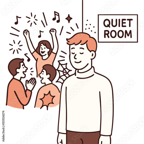 Quiet room illustration with person enjoying peace while others celebrate loudly