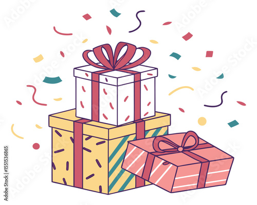Gift Box with Ribbon and Confetti Illustration