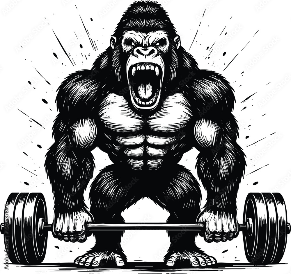 Fototapeta premium Gorilla weight lifting vector black silhouette print design