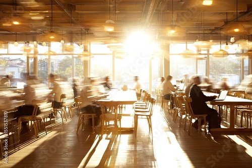 Busy, sunlit communal dining area