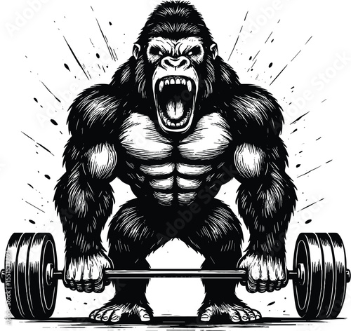 Gorilla weight lifting vector black silhouette print design