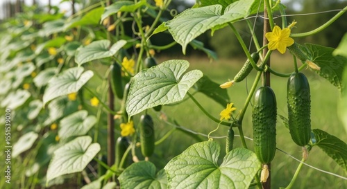 Fresh Green Cucumbers Growing on Vines with Yellow Flowers in Field