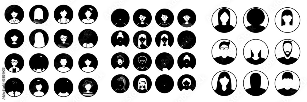 A modern collection of people's faces as avatars, featuring a diverse set of character heads enclosed in round frames, presented in flat design with a white background A modern collection of people's faces as avatars, featuring a diverse set of character heads enclosed in round frames, presented in flat design with a white background