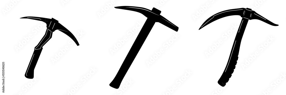 A black silhouette modern illustration of Technical Ice Axe for Mountaineering icon set, designed for use in web and mobile applications, on a white background A black silhouette modern illustration of Technical Ice Axe for Mountaineering icon set, designed for use in web and mobile applications, on a white background