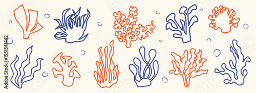 Set of Seaweeds and coral reef underwater plant vector collection. Aquarium, ocean and marine algae water plants, corals isolated on white. Seaweeds polyps silhouettes. Branches, twigs and flowers.