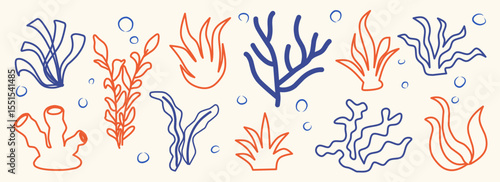 Set of Seaweeds and coral reef underwater plant vector collection. Aquarium, ocean and marine algae water plants, corals isolated on white. Seaweeds polyps silhouettes. Branches, twigs and flowers.