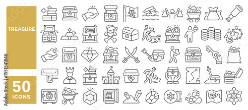 Set of 50 line icons related to treasure, chest, money, gold, crate, jewelry, treasure hunting, Editable stroke. Vector illustration