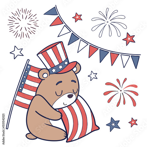 Whimsical Bear feeling Bashful in a Independence Day (4th of July) setting with hugging a pillow – colored in Patriotic Spark