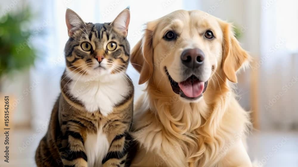 Golden Retriever and tabby cat sitting together indoors, looking straight at the camera with a bright light, happy mood, pet friendship Golden Retriever and tabby cat sitting together indoors, looking straight at the camera with a bright light, happy mood, pet friendship