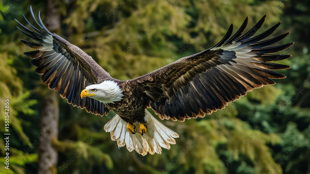 Obraz premium Bald Eagle Descending in Forest (숲에서 하강하는 흰머리수리)