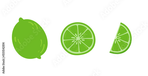 A whole lime, a lime slice, and a lime wedge in flat style