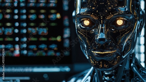 Futuristic Metal Robot Head with Illuminated Eyes and Visible Internal Circuitry