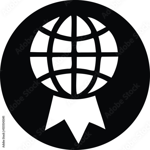 Stylized black and white icon featuring a globe with a ribbon or award banner beneath it symbolizing global achievement or recognition