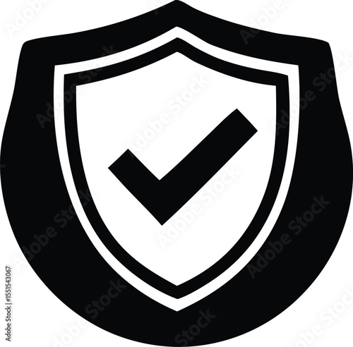 Black shield icon with a white checkmark inside symbolizing security approval and verified status for digital or physical protection