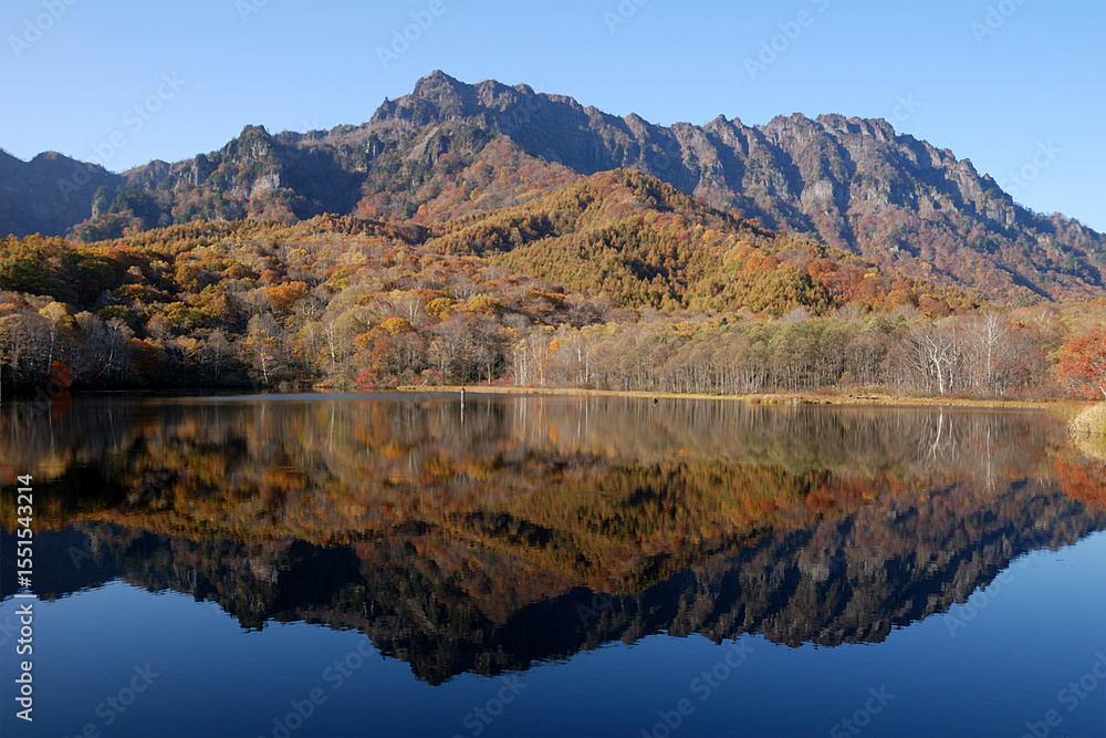 Obraz premium Kagamiike lake in autumn Togakushi,Nagano / 錦秋の戸隠高原,鏡池 @信州長野