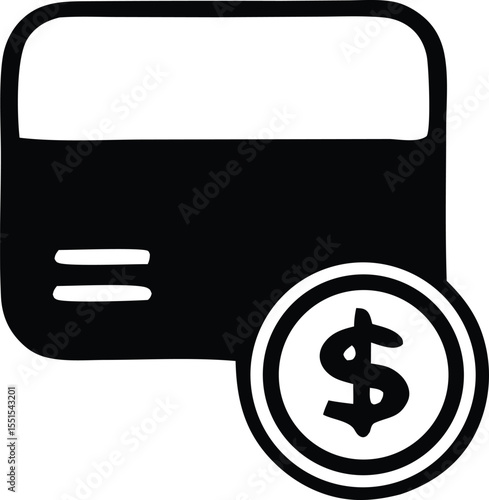 Simple black and white icon representing a credit card with two horizontal lines and a coin featuring a dollar sign