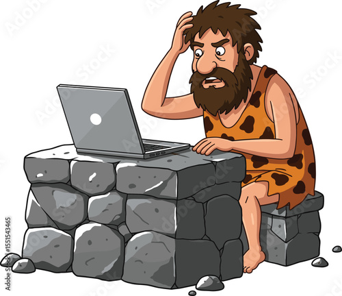 Cartoon caveman at laptop, prehistoric man using modern technology, funny ancient character, stone desk humor, confused expression vector illustration