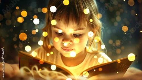 A little child girl is reading a magical book. The fairy world of a child.	