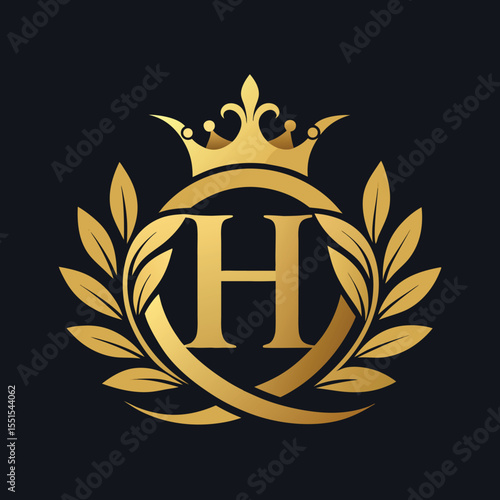 Elegant golden letter H logo with crown and laurel design for luxury branding and royalty

