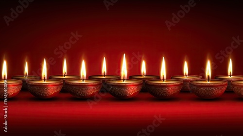 Happy Diwali row of glowing oil lamps with warm flames against rich deep red backdrop
