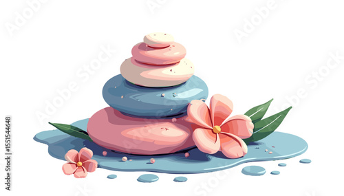 3D vector of spa stones with flowers symbolizing relaxation, massage, and health care