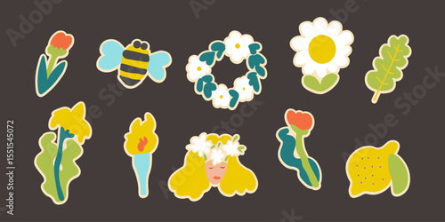 summer solstice sticker set in hand drawn style in vector. elements for decor postcard design print sticker poster background