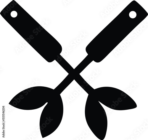 Stylized black silhouette of two crossed gardening trowels with leafy ends on a white background