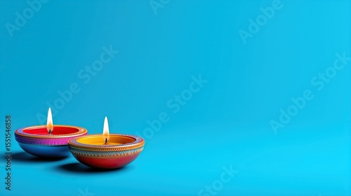 Happy Diwali Illuminated decorative oil lamps against bright blue background