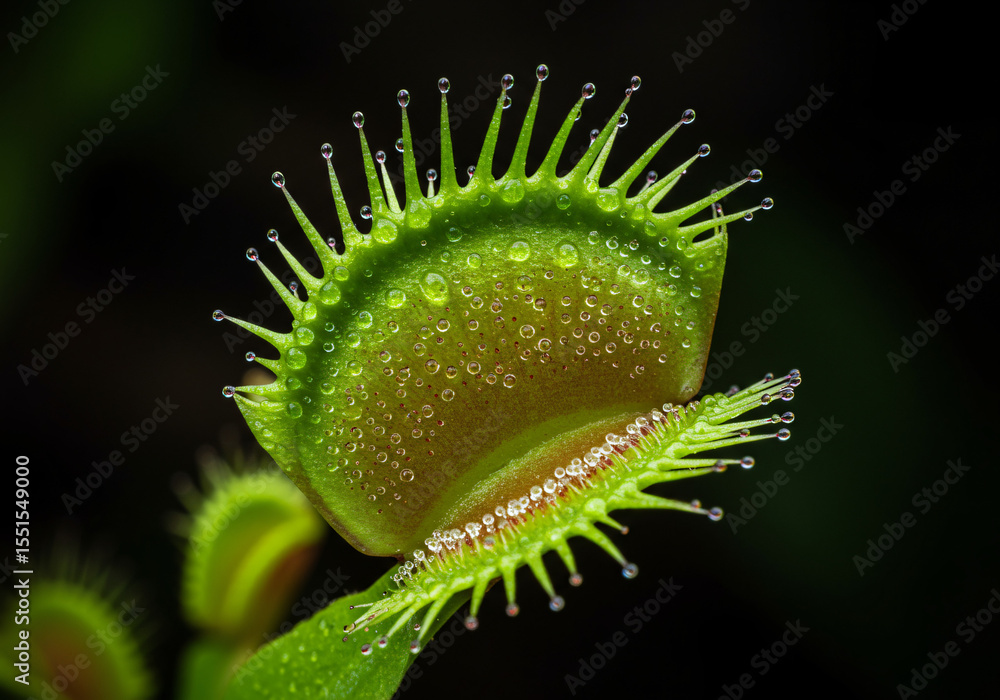 Fototapeta premium An elegant carnivorous plant with venus flytrap-like features, beautifully designed with gradient petals from deep emerald to bright lime green, gracefully catching mosquitoes in its artistic trap