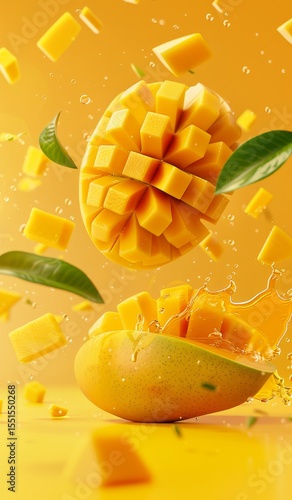 Wallpaper Mural A mango soars through the air, bursting into square pieces while surrounded by droplets and vibrant colors, evoking freshness and flavor Torontodigital.ca