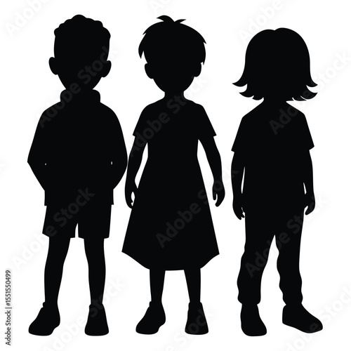 Silhouette Illustration of Three Children Standing Together in Outfits, Isolated on White
