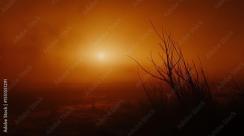 Fototapeta premium A hazy, orange sunrise casts long shadows on silhouetted branches and a misty landscape. The sun is barely visible through the dense fog