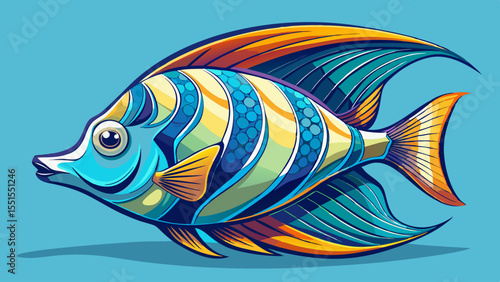 A hand-drawn style illustration of a tropical fish, its body curved in a graceful arc as if it's turning underwater. The pose suggests fluid movement and natural elegance. The style is clean, vibrant,