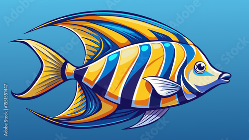 A hand-drawn style illustration of a tropical fish, its body curved in a graceful arc as if it's turning underwater. The pose suggests fluid movement and natural elegance. The style is clean, vibrant,