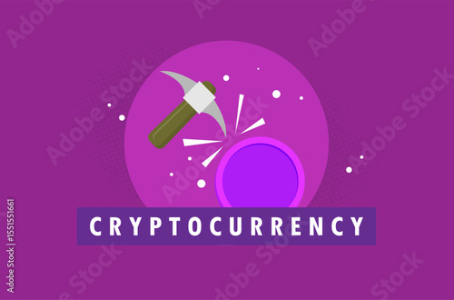 Bitcoin mining concept with pickaxe and coin flat vector