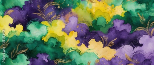 Mardi Gras carnival abstract watercolor background in purple, green, yellow, artistic cloud brushstrokes, golden feathers leaf accents, festive design, party invites, celebration banners, print decor