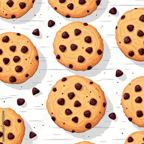 Vsai delicious chocolate chip cookies resting on white wooden table