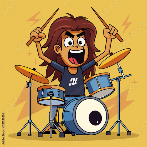 Cartoon vector of wild rock drummer – expressive character illustration with drumsticks, perfect for music stickers, band art, rock-themed comics and posters
