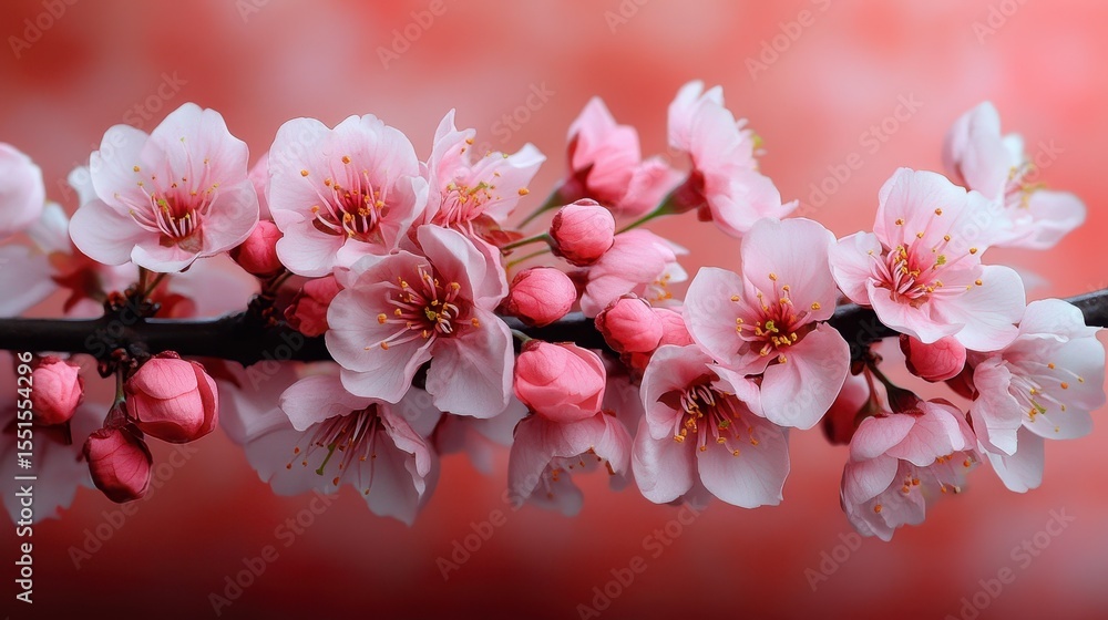 Obraz premium A stunning display of cherry blossoms, pink petals against a soft backdrop, symbolizing beauty, renewal, and the ephemeral nature of life in springtime.