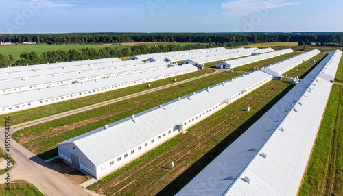 Modern Poultry Farm: Expansive aerial view of a modern poultry farm, showcasing rows of pristine white structures set against the backdrop of a verdant landscape and clear skies.