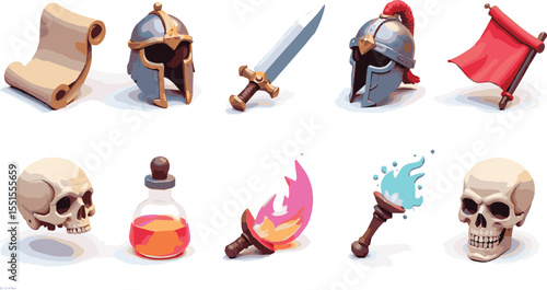 Create a kinds of Gaming 3D medieval icons, Cartoon set for online games, apps. Gift UI, GUI for Mobile App. Ancient scroll, helmet, sword, potion, flag, sword, staff, skull and more vector art.