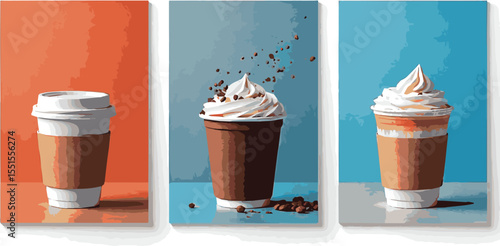 Create a kinds of deferent Set of 3D paper coffee cup posters with takeaway coffee promotions. Vector icons set with white background.