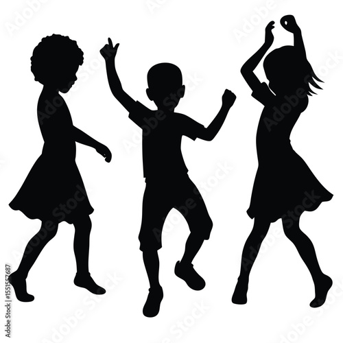 Silhouette of Three Children Dancing and Playing, Wearing Dresses and TShirt, Joyful